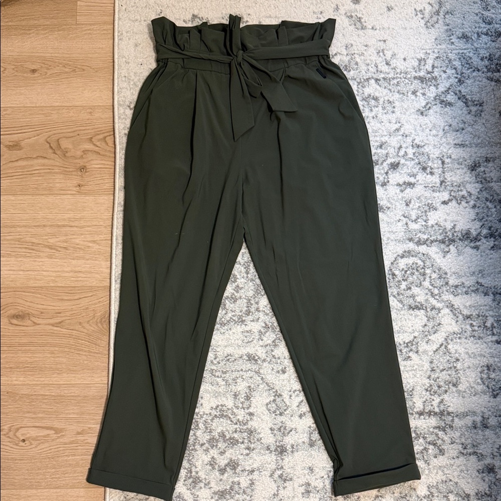 High-Waist Paperbag Trousers with Tie Belt - Olive Green